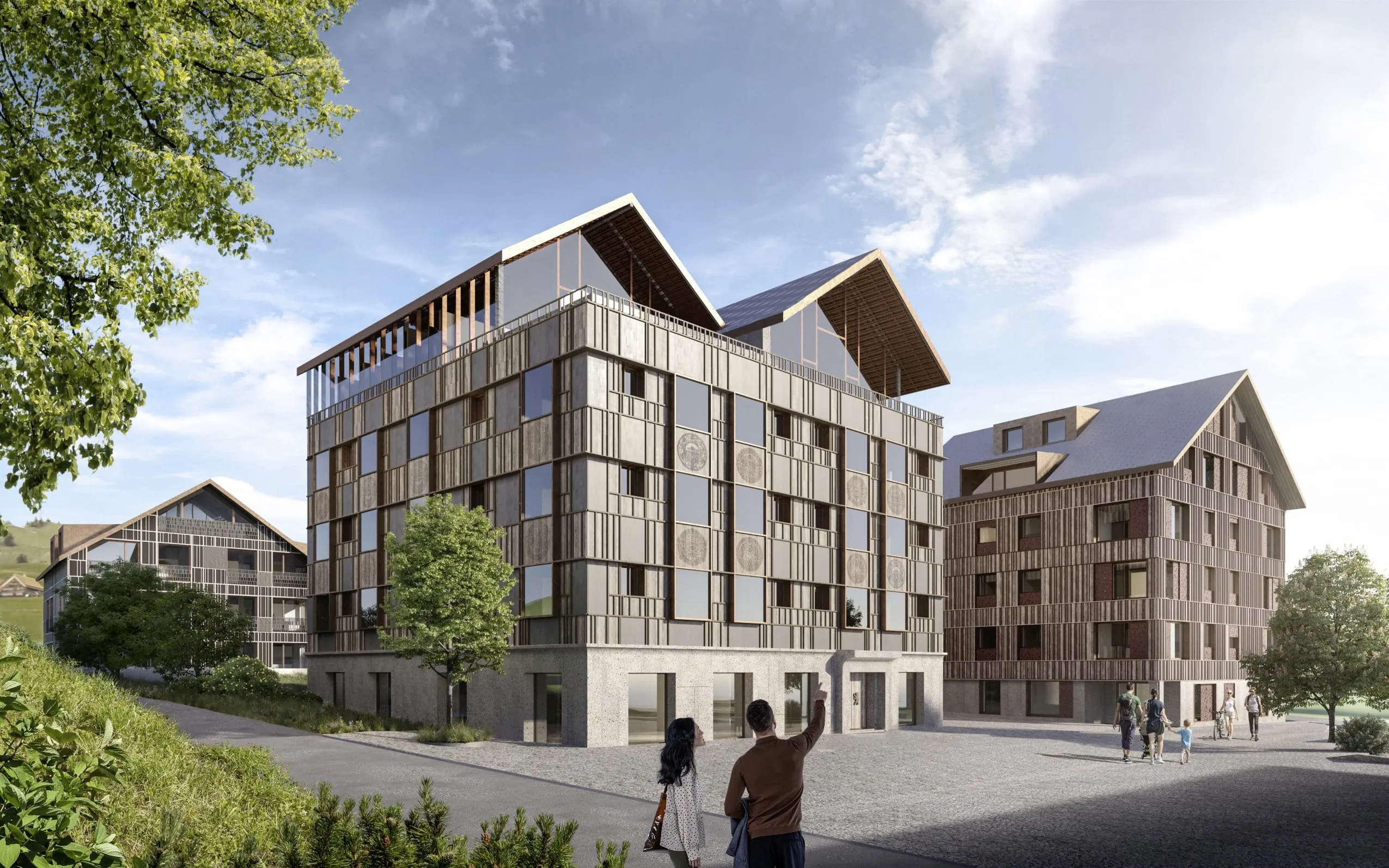 Außenansicht Huus Quell mit verschiedenen Motiven regionalen Handwerks an der Fassade