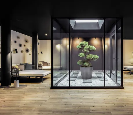 Baum in Glaskubus im Ruheraum des Landromantikhotel Oswald