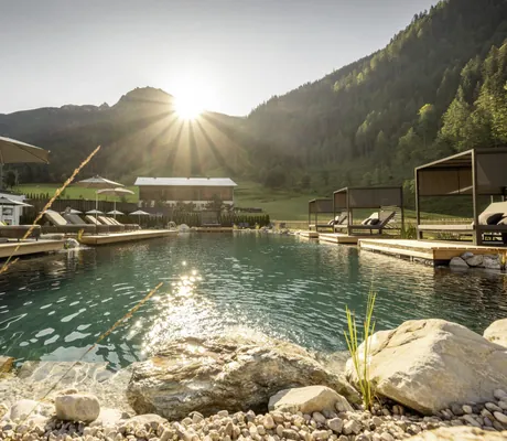 große Steine am Naturbadeteich mit Liegeinseln im Lürzerhof