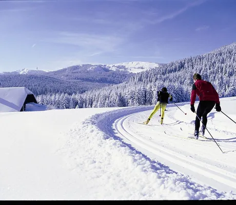 zwei Langläufer auf der tief verschneiten Loipe im Schwarzwald rund um das Hotel Reppert