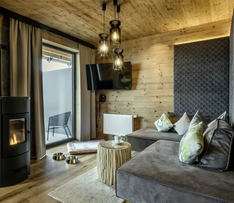 Wohnraum mit schwarzem Schwedenofen und grauer Sofaecke mit Hundedecke im Hunderesort Waldeck