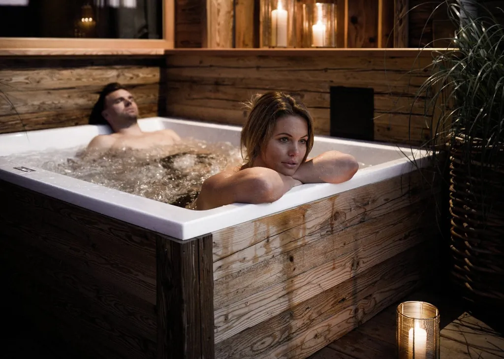 Zwei Personen entspannen in einem Holz-Whirlpool auf der Terrasse der Alpzitt-Chalets bei Kerzenlicht