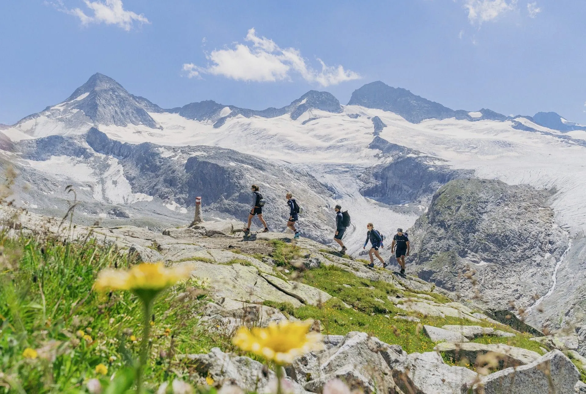 Wandergruppe auf Bergpfad vor vergletschertem Alpenpanorama in der Wildkogel-Arena Neukirchen am Großvenediger