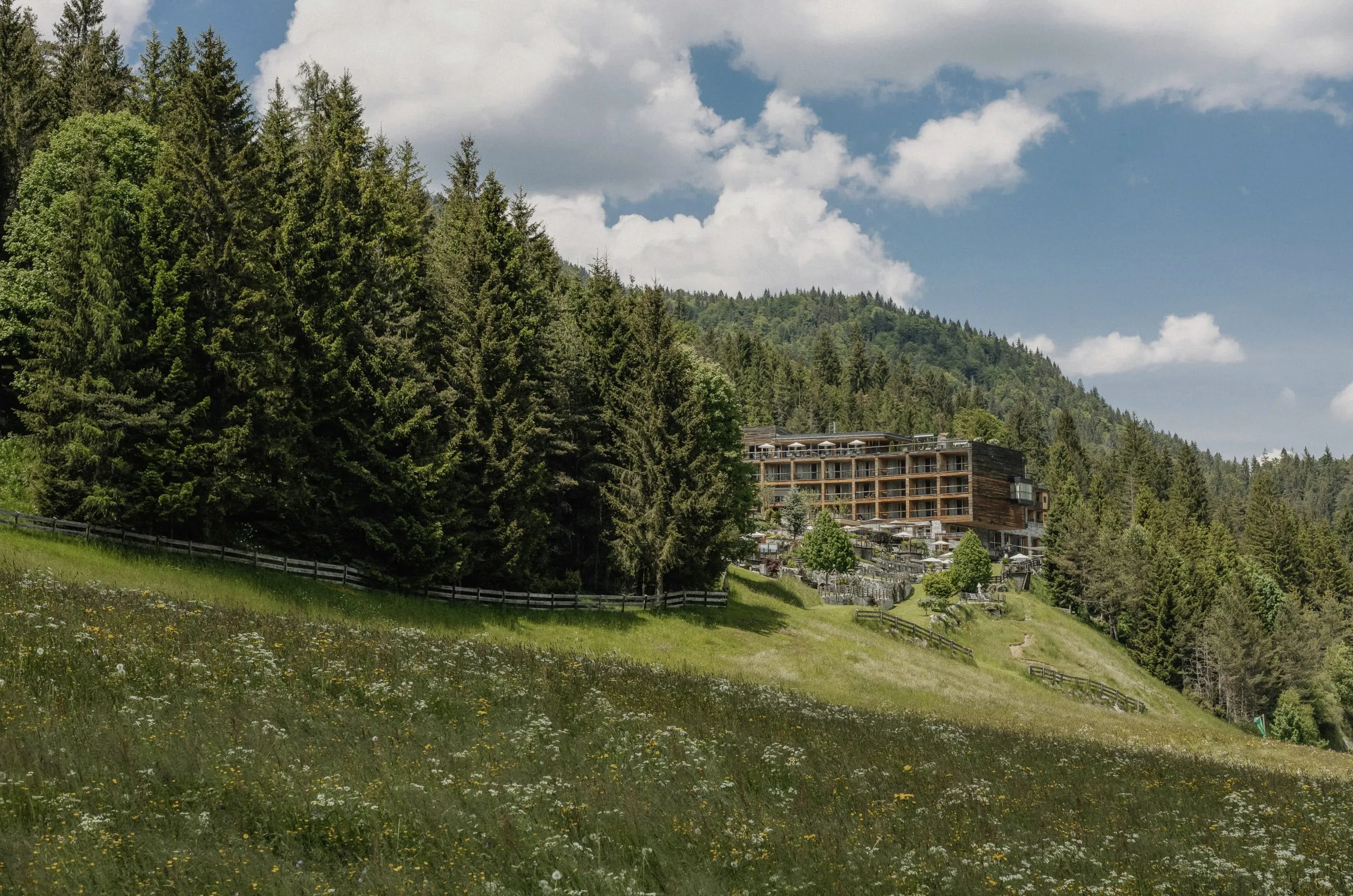 Wanderhotel Das Kronthaler in Achenkirch inmitten gr&uuml;ner Almwiesen und Bergwald im Sommer