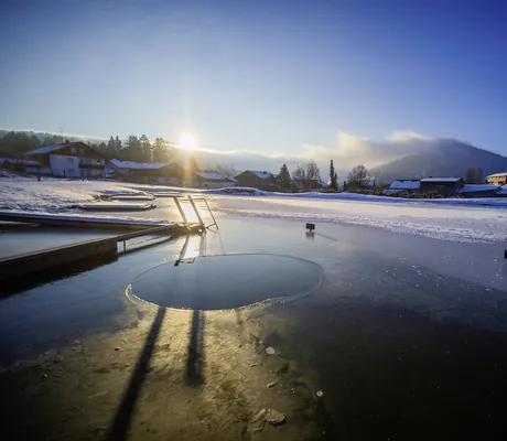 Gefrorener Naturbadeteich mit Einstiegsleiter und verschneiter Berglandschaft im Wellnesshotel Haubers Naturresort