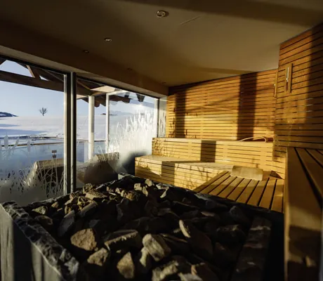 Sauna mit Panoramafenster und Blick auf Naturbadeteich und Winterlandschaft im Wellnesshotel Haubers Naturresort