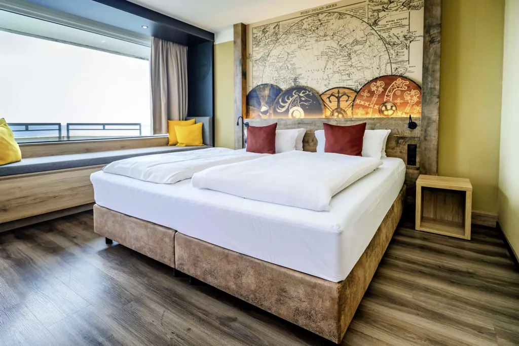 Doppelbett mit alter Wand-Weltkarte im Zimmer des Damp Ostsee Resort