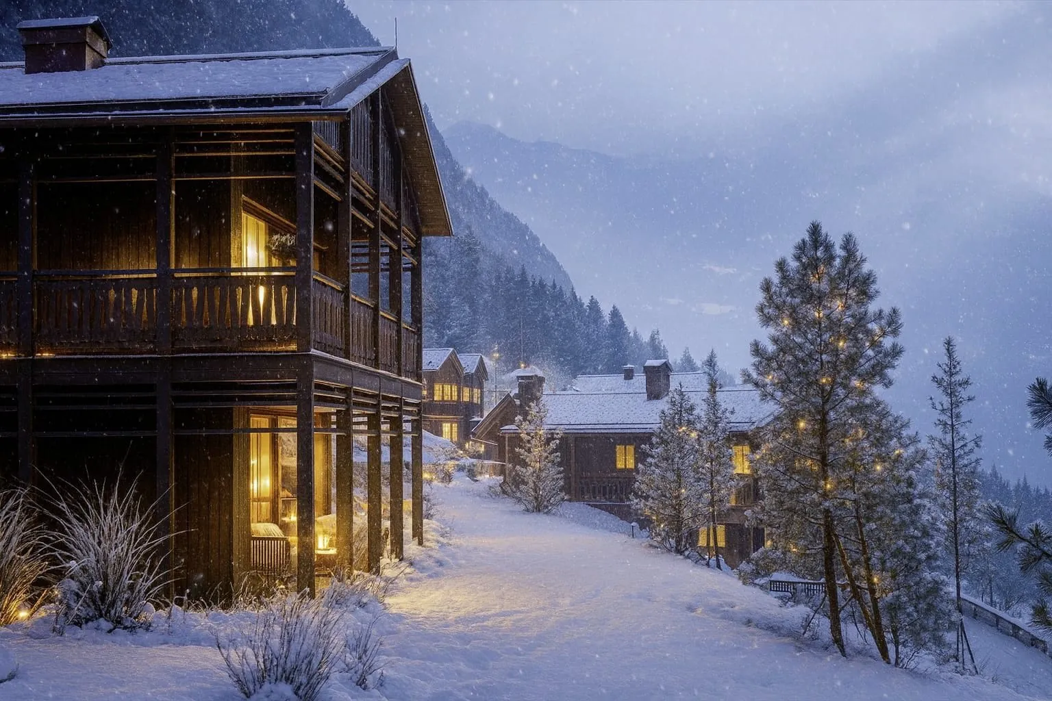 Schneebedeckte Holzchalets im Chaletdorf AMONTI bei Schneefall, umgeben von beleuchteten Bäumen und verschneiten Bergen