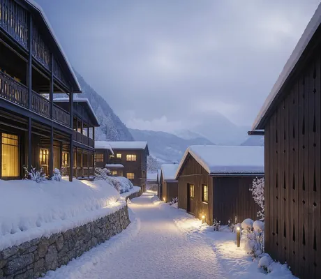 Winterlicher Weg durch das Chaletdorf AMONTI mit schneebedeckten Holzchalets, warm beleuchteten Fenstern und Bergen im Hintergrund