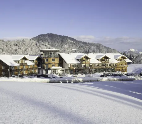 Holzfassade Hotel Oberstdorf im tiefen Schnee