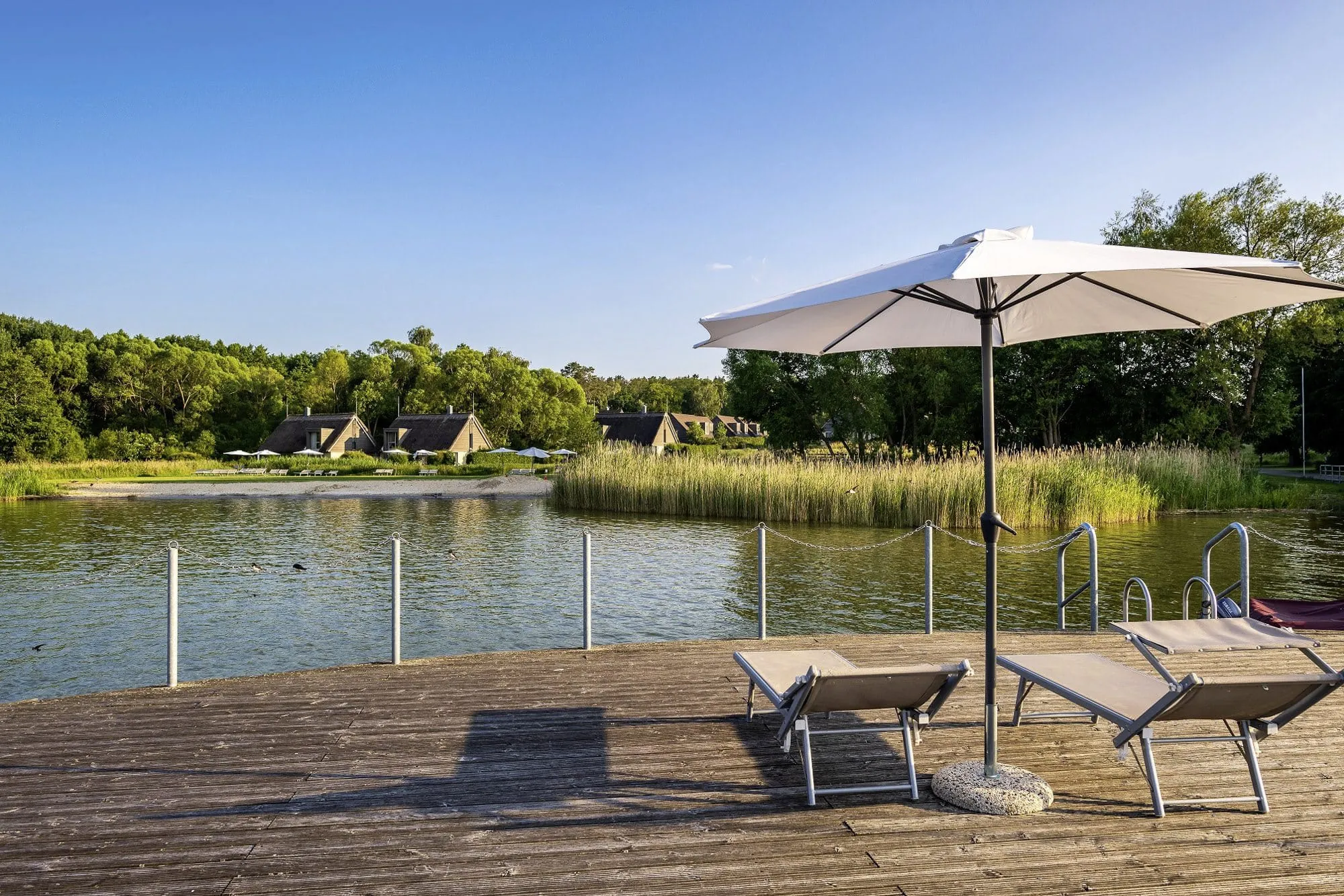 Sonnenliegen unter wei&szlig;em Schirm am Schilfg&uuml;rtel des BEECH Resort Plauer See