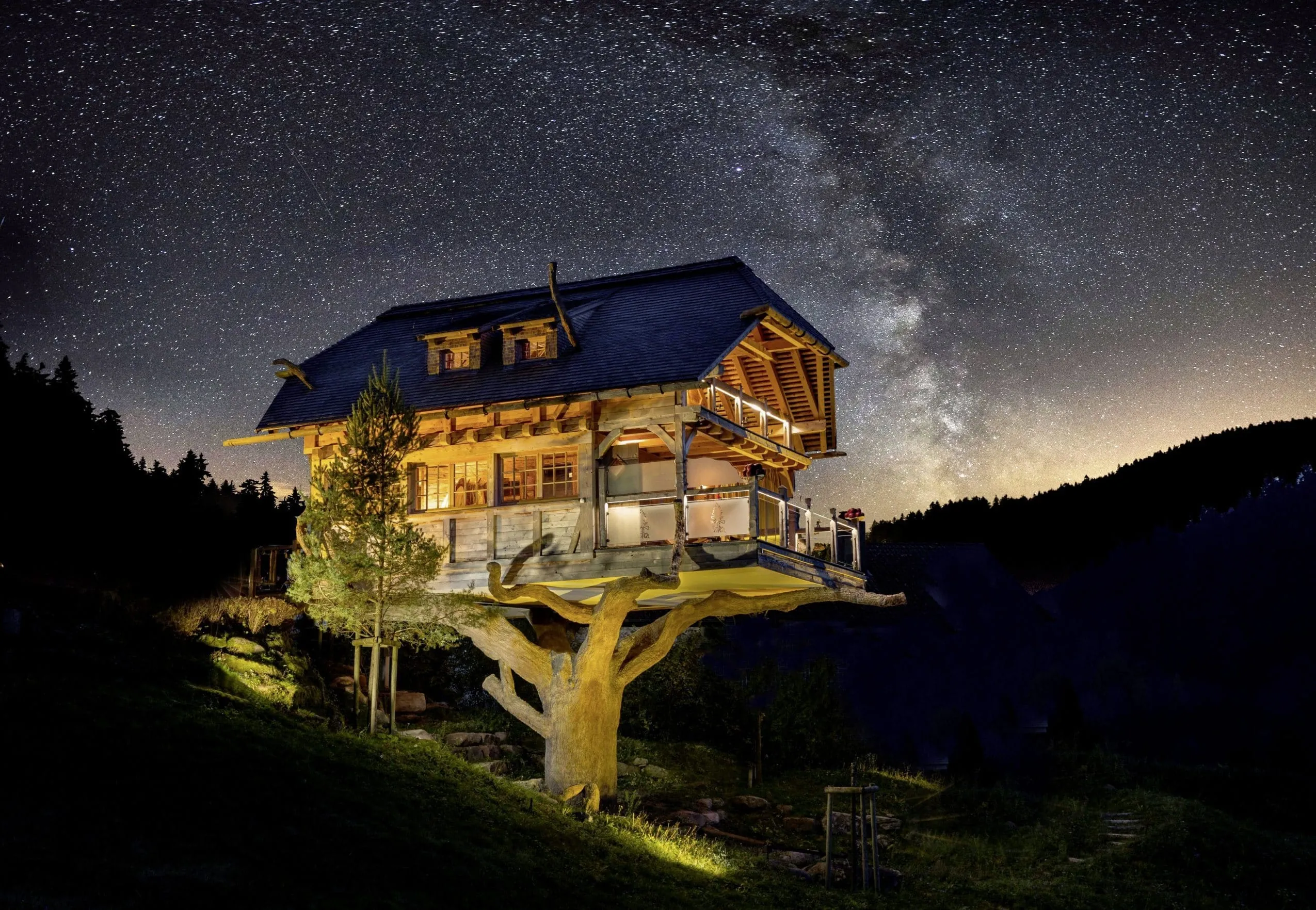 Beleuchtete Baumhaussauna des Wellnesshotel Tanne bei Nacht unter Sternenhimmel