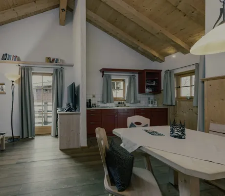 Innenbereich einer der Chalets des Naturresort PURADIES mit Esstisch, roter Küche, Sofa und Holzdecke