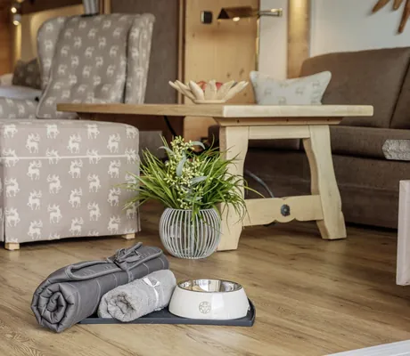 Hundezubehör mit Napf und Decke arrangiert auf dem Holzboden eines Premium-Doppelzimmers im Sonnenalp Resort