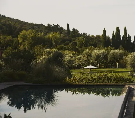 parkähnlicher Garten im Cape of Senses mit vielen Olivenbäumen und Zypressen und Outdoorpool