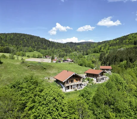 Blick auf die drei Jakob Chalets im Sommer, umgeben von sattgrünen Wiesen und Wäldern