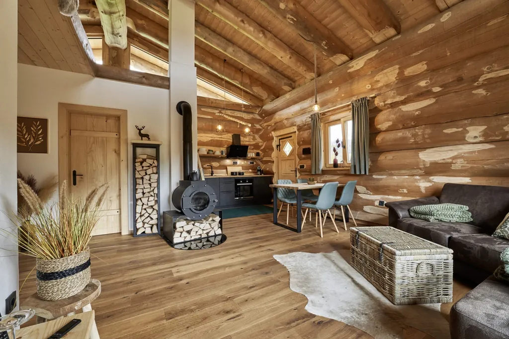 Blick in eines der modern eingerichteten Jakob Chalets mit Sofa, Esstisch, Holzofen und K&uuml;chenzeile im Hintergrund