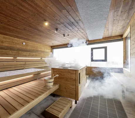 Eine Sauna mit Dampf und Holz-Wänden, mit Blick ins Freie, im Landrefugium Obermüller in Untergriesbach.