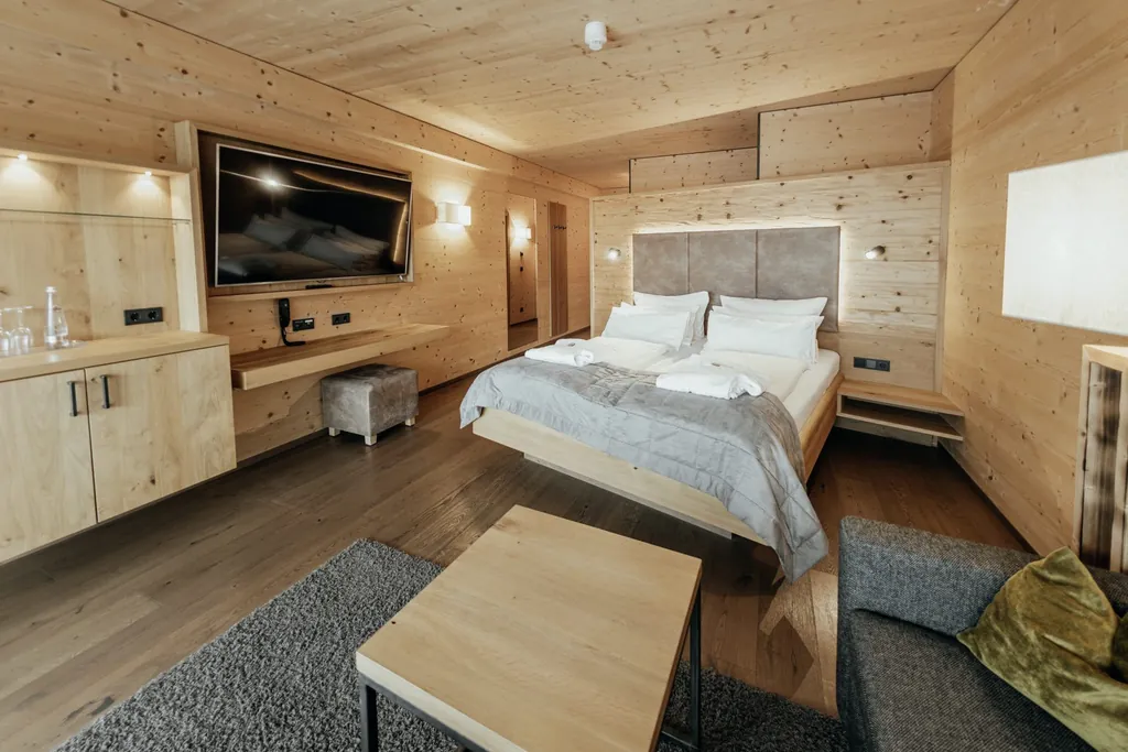 Modernes Hotelzimmer im Wellnesshotel Riedlberg mit Holzverkleidung, gemütlichem Doppelbett und großem Fernseher