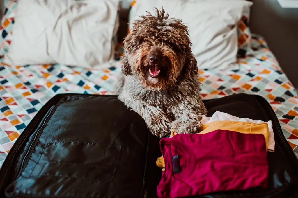 Lockiger Hund sitzt auf einem Bett auf einem geöffneten schwarzen Koffer, umgeben von farbigen Kleidungsstücken. Es wird gepackt für den Urlaub mit Hund über Silvester.