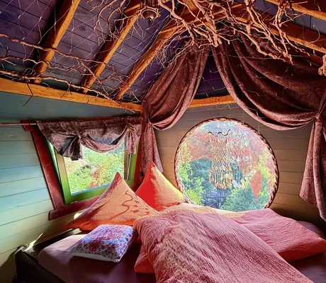 Ein Schlafzimmer im Zauberwald in Zentendorf mit Ästen an der Decke und großen Fensterfronten mit Blick in das Grüne.