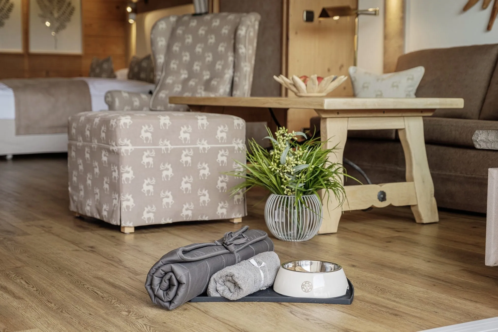 Das Premiumzimmer im Sonnenalp Resort mit Hunde-Ausstattung: Futternapf, Matte und Handtuch.
