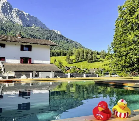 zwei Badeenten am Beckenrand des Naturpools des Bayern Resort vor der Bergkulisse