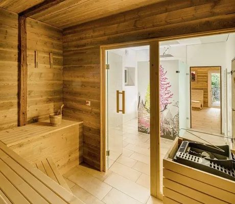 Sauna im Hotel Resort Waldachtal mit Altholz und Blick auf Wald-Duschkabine